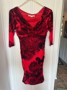 Boston Proper Red & Black Floral Twist-Front Midi Dress